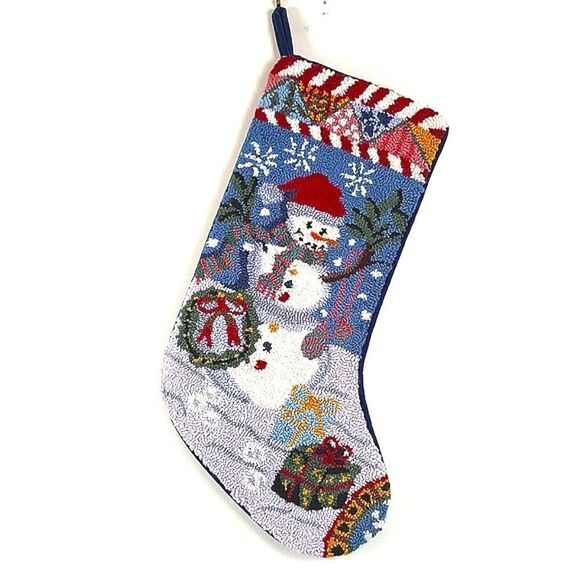 Wool Needlepoint Snowman Christmas Stocking Cotton Velvet Backing Vintage - Picture 7 of 7